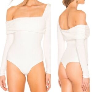 Privacy Please Revolve White One Shoulder Thong Ribbed Bodysuit SMALL